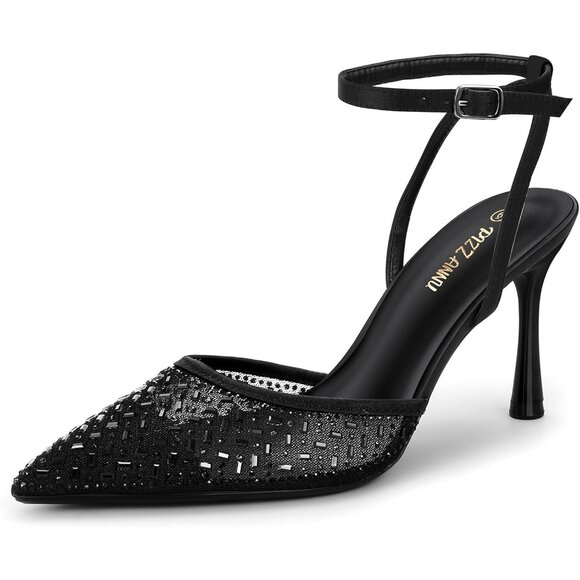 Women's Black Mesh Sparkly Rhinestones Cienna High Heels Stiletto Pumps Shoes - Picture 1 of 8